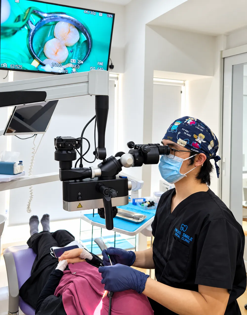 Focus Smile Dental 牙医在牙科显微镜下为患者治疗，屏幕上显示放大画面