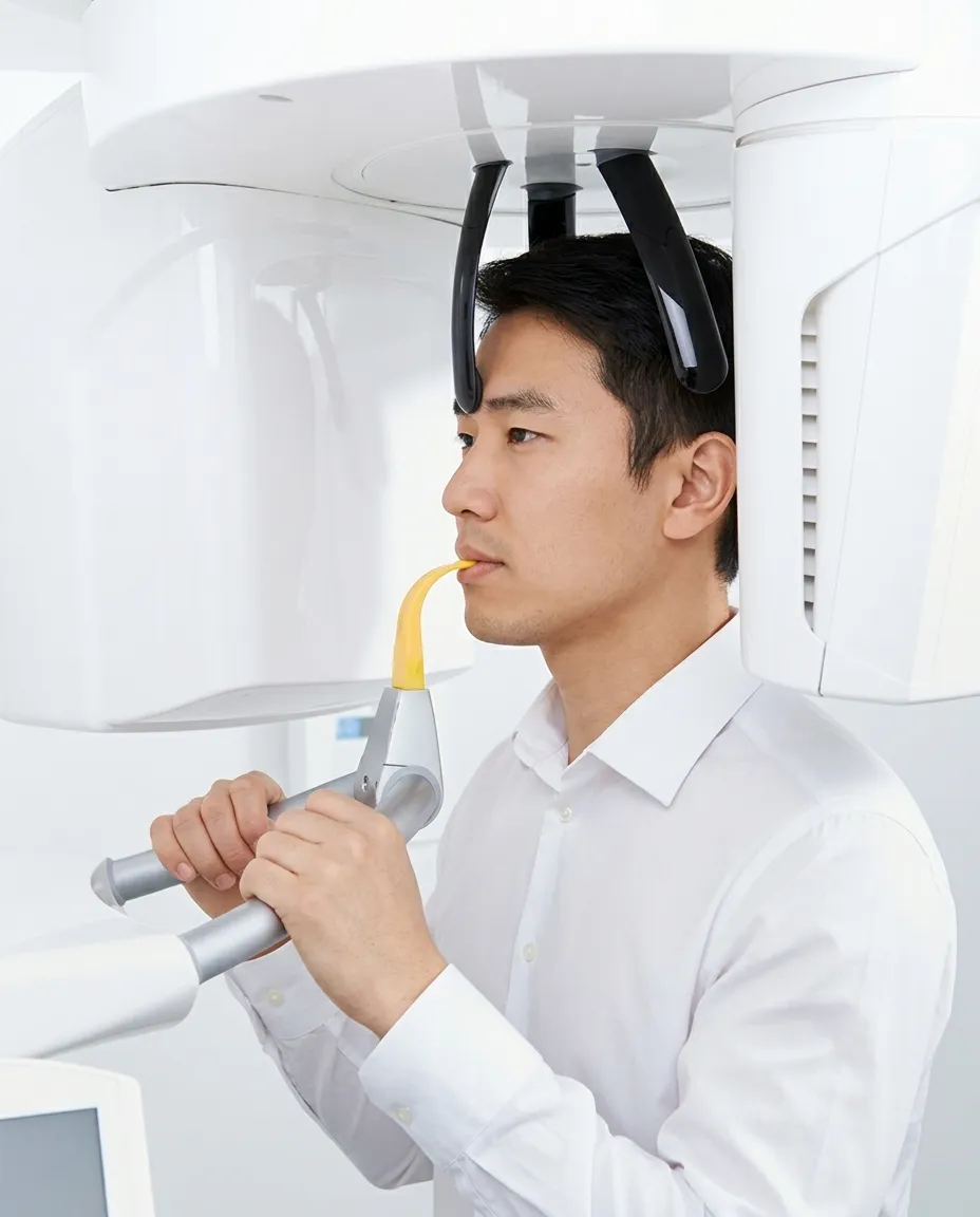 A patient standing in a digital X-ray machine during a scan